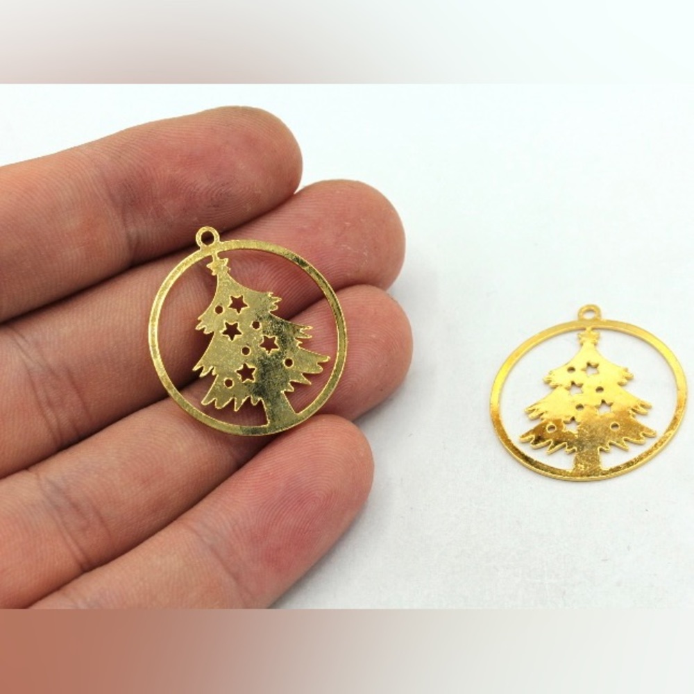24k Shiny Gold Plated Christmas Tree Charm, Pine Tree Pendant, Christmas